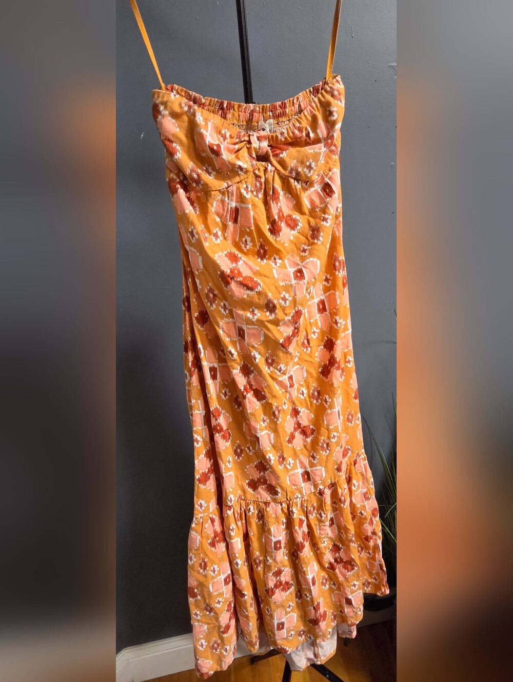 Aerie- Yellow Orange Strapless Floral Maxi Dress Womens- XS